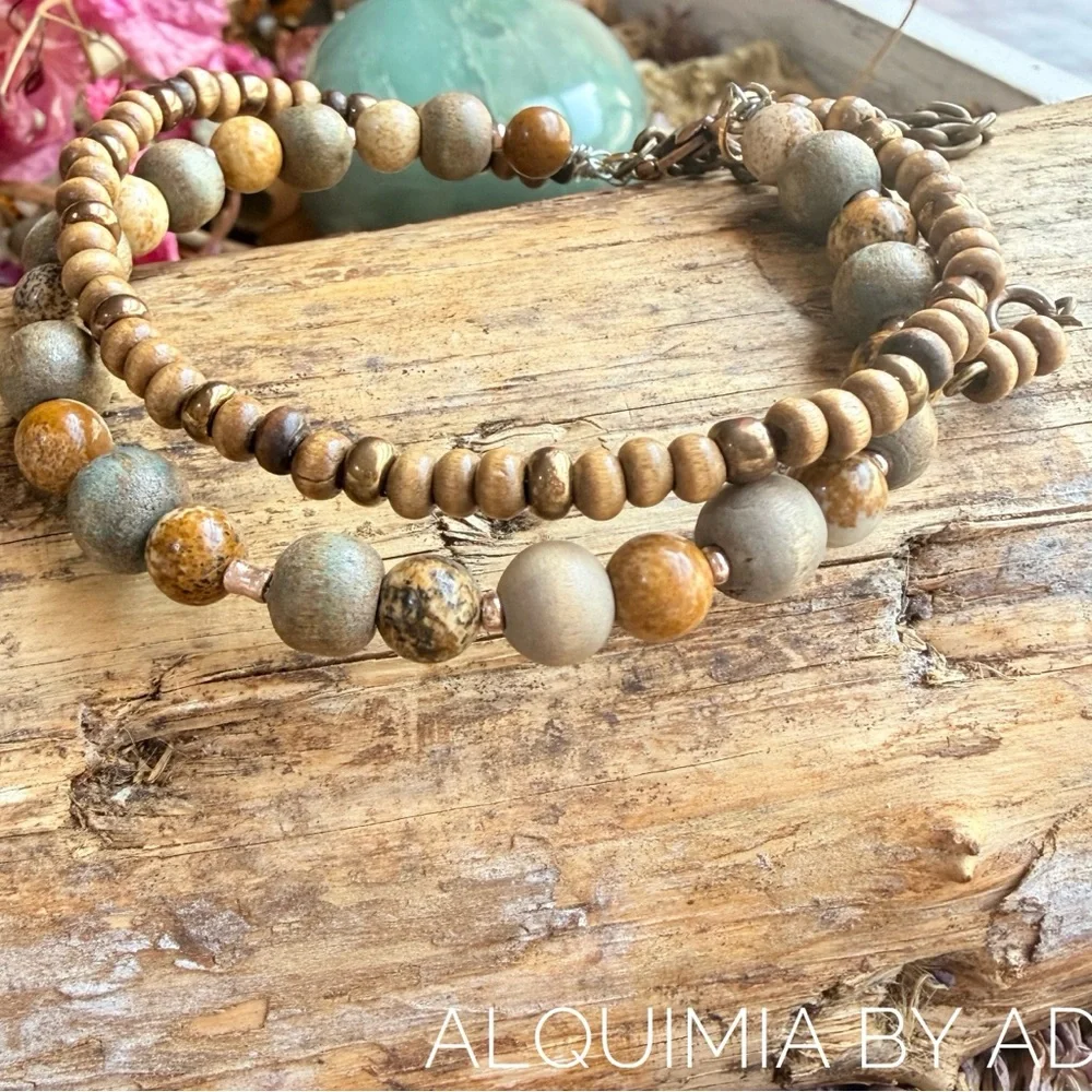 Double-Strand Bracelet – Bronze, Jasper & Wood • Garden Oracle Series